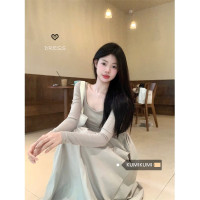 kumikumi設計感拼接方領長袖洋裝女裝秋季收腰A字裙顯瘦長裙子