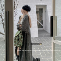 灰色麻花針織衫開衫女秋冬新款慵懶風寬鬆加厚中長版軟糯毛衣外套