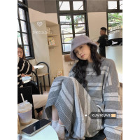 kumikumi港味復古條紋針織洋裝女秋季寬鬆顯瘦長袖毛衣裙長裙子