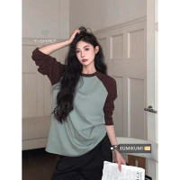 kumikumi美式復古撞色插肩長袖套頭厚棉T女裝秋季寬鬆顯瘦休閒上衣