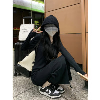 氣質黑色連帽針織洋裝秋季2023新款設計感修身高腰打底中長裙女