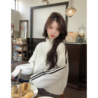 拉鍊立領條紋長袖厚棉T外套女秋季2023新款韓系設計感時尚開衫上衣