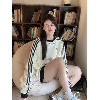 條紋撞色長袖厚棉T女秋季2023新款學院風運動休閒寬鬆中長版上衣潮