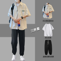 2023夏季短袖襯衫男裝搭配一套衣服休閒褲三件套痞帥港風襯衫套裝