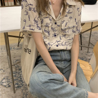 日系趣味復古圖案印花襯衫港風寬鬆古巴領短袖BF慵懶ins風襯衫潮