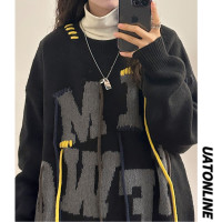 UATONLINE秋冬美式復古穿繩字母圓領毛衣針織衫百搭休閒上衣女潮