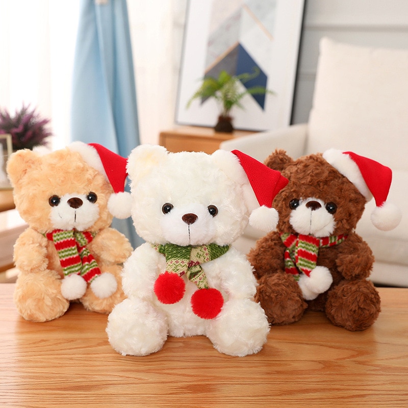 23CM New Christmas Hat Cute Bear Plush Toys Cute Dolls Stuffed Toys Gifts New Year Gift Kawaii Plush Toys White/Brown/Grey Bear