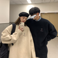 情侶裝秋冬季純色小熊刺繡毛衣男女寬鬆韓版外穿慵懶風打底針織衫