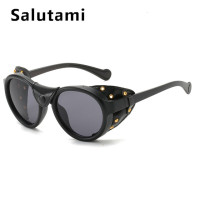 Женские солнцезащитные очки с поляризацией, круглые очки в стиле панк, с заклепками, роскошная черная кожаная оправа, в стиле хип-хоп, 2020