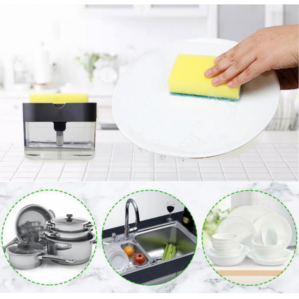 Soap Pump Dispenser with Sponge Holder Cleaning Liquid Dispenser Container Manual Press Soap Organizer Kitchen Cleaner Tool