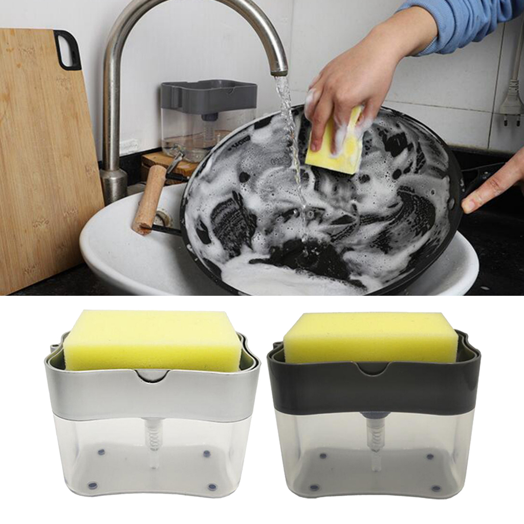 Soap Pump Dispenser with Sponge Holder Cleaning Liquid Dispenser Container Manual Press Soap Organizer Kitchen Cleaner Tool