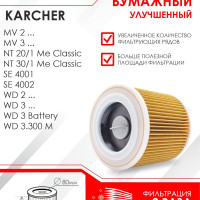 Патронный фильтр KFI 3310 бумажный улучшенный для пылесоса Karcher WD 2, WD 3, KWD 1 KWD 3, SE 4001 и SE 4002 (2.863-303.0)