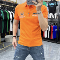 2023新款橘色翻領短袖男潮夏季時尚潮流男青年刺繡polo衫半袖T恤