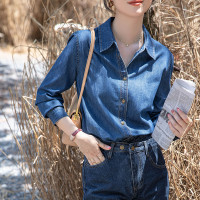 不捲邊深藍色軟牛仔襯衫女秋冬季內搭疊穿長袖襯衫小個子正肩上衣