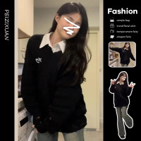 慵懶風黑色針織V領毛衣女秋冬季2023新款軟糯小個子寬鬆套頭上衣