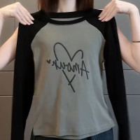 今年新款深灰色插肩長袖女秋季簡約時尚愛心百搭通勤網紅爆款上衣