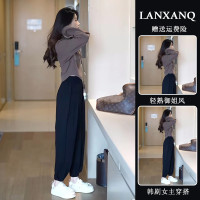 秋季2023新款女裝胖mm顯瘦遮肉套裝小個子幹練氣質上衣休閒兩件式