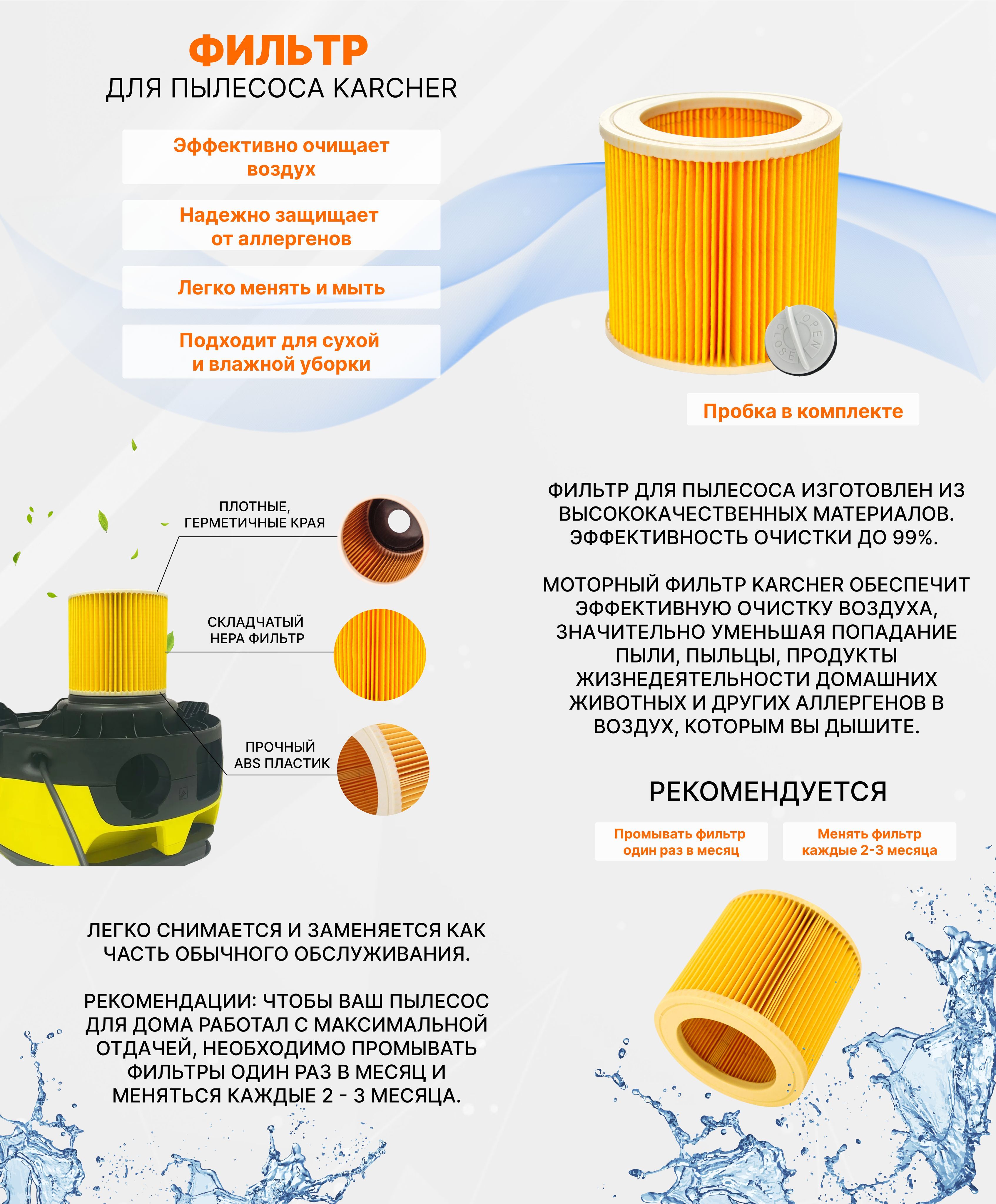 Фильтр для пылесоса керхер (Karcher) изготовлен из высококачественных материалов. Эффективность очистки до 99%. Моторный фильтр керхер обеспечит эффективную очистку воздуха, значительно уменьшая попадание пыли, пыльцы, продукты жизнедеятельности домашних животных и других аллергенов в воздух, которым вы дышите. Легко снимается и заменяется как часть обычного обслуживания.Рекомендации: чтобы ваш пылесос для дома работал с максимальной отдачей, необходимо промывать фильтры один раз в месяц и меняться каждые 2 - 3 месяца.