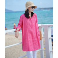 簡單長久陪伴 水洗麻料 復古寬鬆polo領亞麻上衣女中長版棉麻襯衫