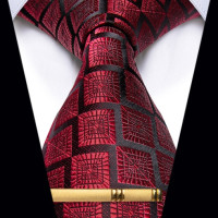 Роскошный красный черный галстук в клетку для мужчин, набор зажимов, новинка, Шелковый мужской галстук для свадебной вечеринки, подарок для мужчин