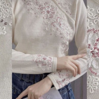 外貿出口大牌撿漏刺繡中國風針織毛衣女春秋百搭復古別致上衣潮