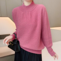 重工釘珠燈籠袖捏褶燙鑽針織衫秋冬休閒百搭半高領套頭羊毛上衣女