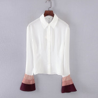 麗品牌專櫃清倉春秋裝女裝白色時尚百搭短款喇叭袖撞色襯衫 84261