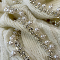 外貿出口尾單大牌剪標正品春季V領交叉珍珠鑽鍊羊毛小香風針織衫