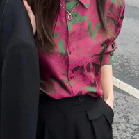 外貿出口大牌撿漏重磅真絲襯衫女氣質顯瘦Polo領桑蠶絲花色襯衫女