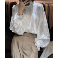 歐洲站2023秋冬新款甜美氣質純色長袖荷葉邊天絲內搭襯衫上衣女士
