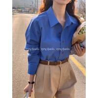 韓版高級感別致克萊因藍長袖襯衫女2023春秋新款純棉寬鬆襯衫上衣