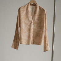 大牌折扣清倉撿漏藝術感印花真絲羊毛混紡V領氣質設計感長袖襯衫