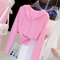 粉色連帽針織開衫上衣女秋冬季新款小眾慵懶風軟糯超好看毛衣外套