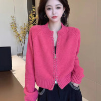 歐貨雙拉鍊玫紅色針織毛衣開衫外套女秋冬2023新款慵懶小個子上衣