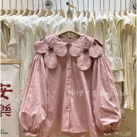 立體花朵寬鬆日系文藝花瓣領甜美減齡長袖襯衫女時髦韓系襯衫2023