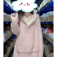 慵懶風寬鬆V領連帽運動衫外套女秋季新款設計感小眾粉色針織上衣女