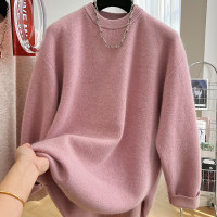 韓系高級感軟糯浣熊絨混羊毛圓領套頭針織衫女秋冬套頭中長版毛衣
