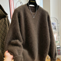 2023新款高端兔毛拉毛圓領慵懶風長袖套頭毛衣女秋冬毛線針織衫潮