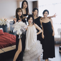 晨袍女白色純欲吊帶洋裝新娘訂婚結婚敬酒成人禮宴會長版晚禮服