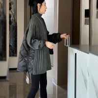 法式慵懶古著vintage高領深灰色拼接棉服毛衣加厚設計感小眾女冬