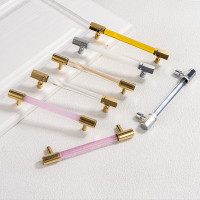 水晶衣柜门拉手黄铜现代简约金色透明水晶厨房抽屉橱柜衣柜门把手