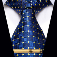 Регулируемый мужской галстук и зажим, набор аксессуаров для рубашки, модный синий золотой галстук в горошек для мужчин, аксессуары для подарка на день рождения