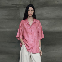 暈染工藝半圓原創設計2023夏季新款古巴領印花上衣寬鬆爽滑柔軟