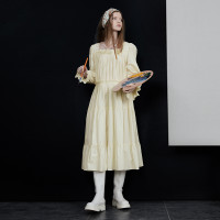 半圓原創設計2023春秋季新款泡泡袖裙子壓褶簡約長版洋裝小眾女