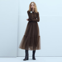 半圓原創設計2023春秋季新款假兩件半開式翻領針織洋裝輕盈