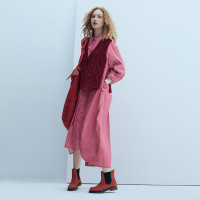 半圓原創設計女裝2023年春季新款 長袖假兩件針織拼接襯衫洋裝