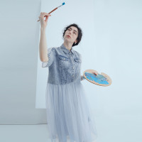 桑蠶真絲半圓原創設計2023夏季新款A字拼接洋裝子翻領工裝風女