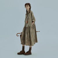 成衣染色半圓原創設計2023夏季新款半開門襟洋裝圖案印花工裝感