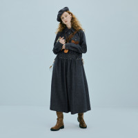 半圓原創設計2023冬季新款羊毛牛仔洋裝襯衫式翻領簡約大方