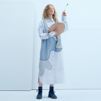 牛仔拼接半圓原創設計2023春秋季新款假兩件洋裝H版型翻領設計